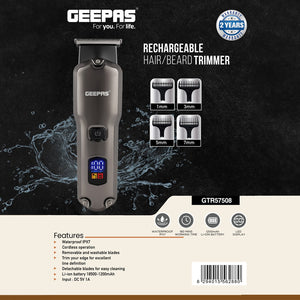 Geepas GTR57508 Rechargeable Hair/Beard Trimmer | Waterproof IPX7| 180 Mins Runtime| 1200mAh Li-ion Battery| Washable Blades & Multiple Length Settings | 2 Years Warranty
