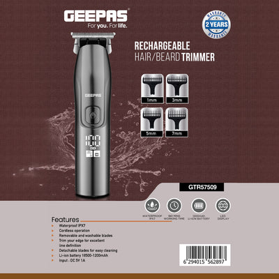 Geepas Rechargeable Hair and Beard Trimmer-GTR57509/with High-Capacity Li-ion Battery and 180 min Working Time/Detachable Blades and Waterproof IPX7/2 Years Warranty,Grey