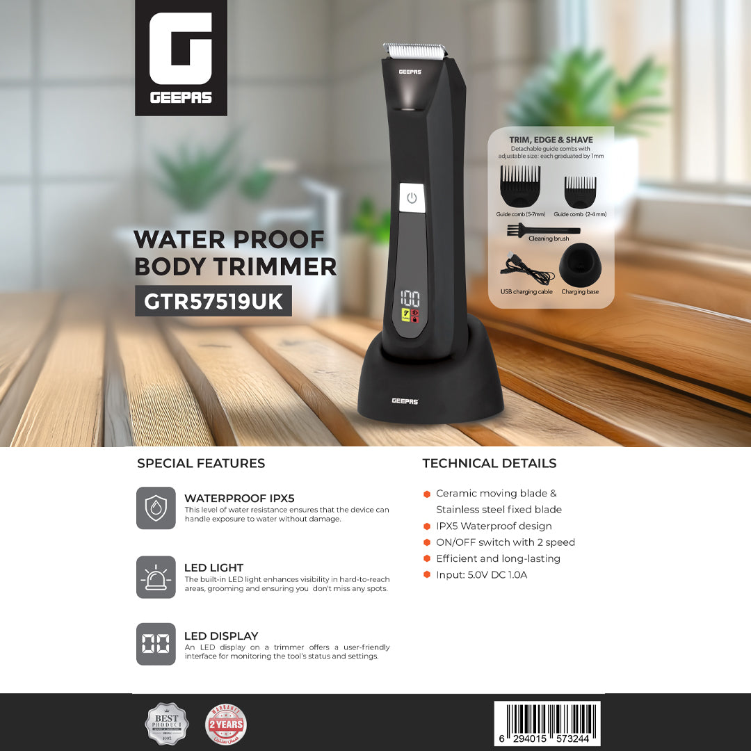 Geepas GTR57519UK Waterproof Body Trimmer with LED Display | IPX5 Protection | Ceramic & Stainless Steel Blades | 2-Speed Control |  LED Light for Full Body Grooming