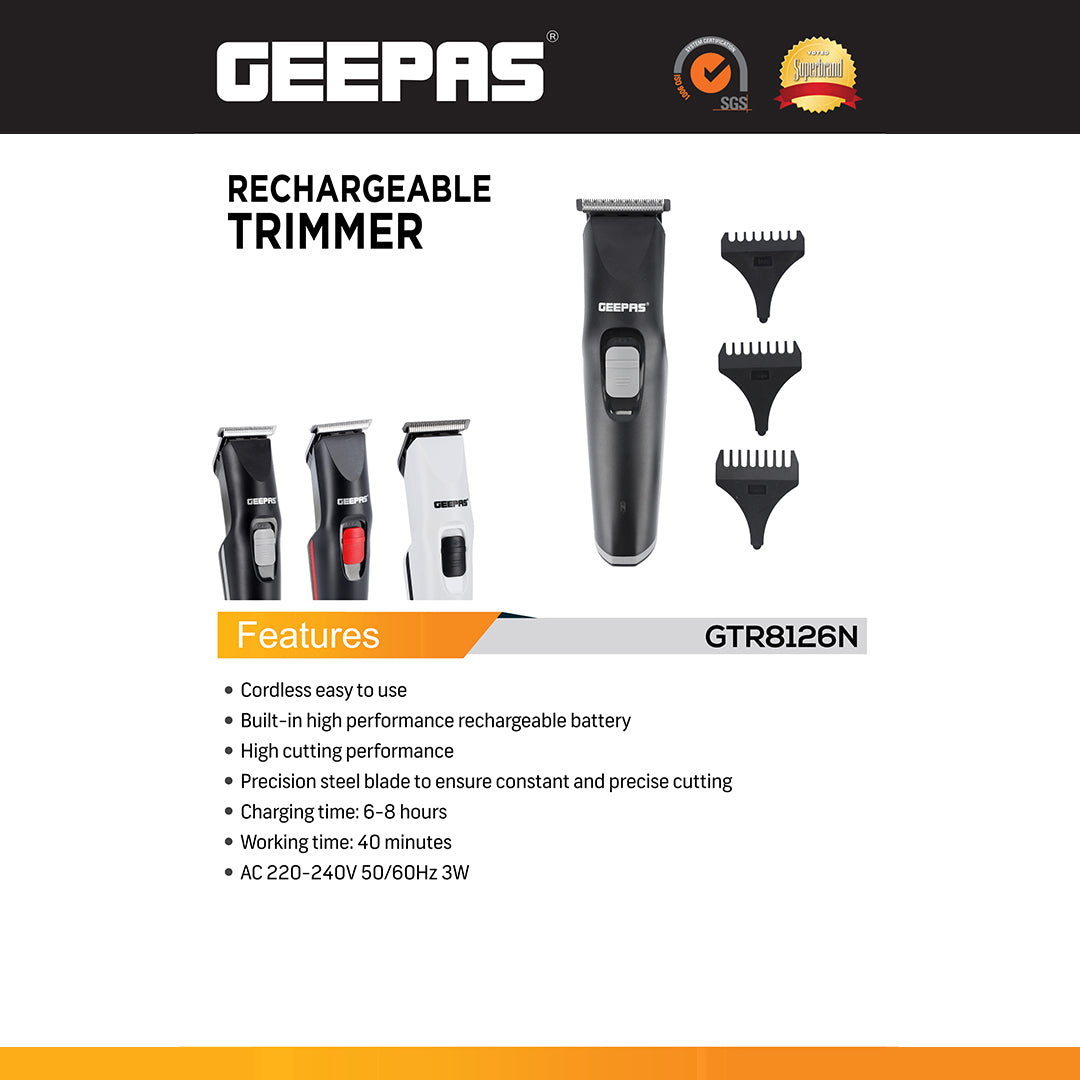 Geepas GTR8126N Rechargeable Trimmer | Precision Steel Blades | Cordless Grooming | 40-Minute Runtime | Built-in Battery | 6–8Hr Charging | High Cutting Performance