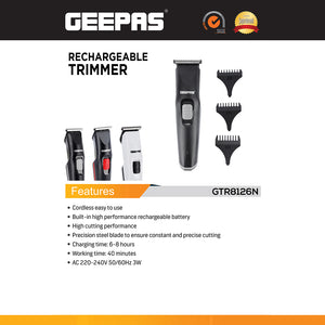 Geepas GTR8126N Rechargeable Trimmer | Precision Steel Blades | Cordless Grooming | 40-Minute Runtime | Built-in Battery | 6–8Hr Charging | High Cutting Performance