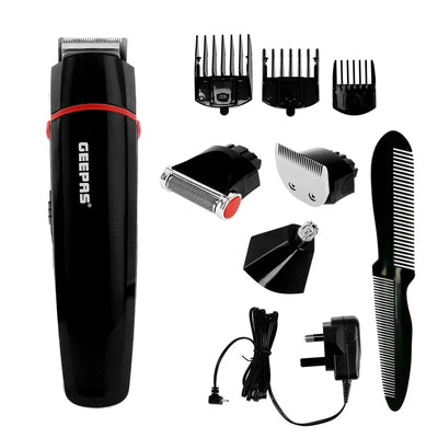 Geepas GTR8128N 7-in-1 Grooming Kit | Precision Hair,  Beard & Body Trimmer with Li-Ion Battery| USB Type-C Fast Charging | Multiple Attachments  | 2-Year Warranty