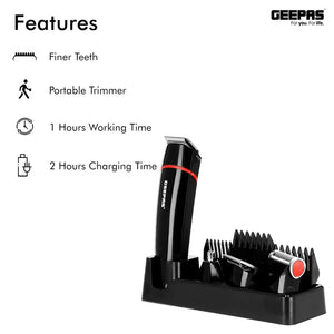 Geepas GTR8128N 7-in-1 Grooming Kit | Precision Hair,  Beard & Body Trimmer with Li-Ion Battery| USB Type-C Fast Charging | Multiple Attachments  | 2-Year Warranty