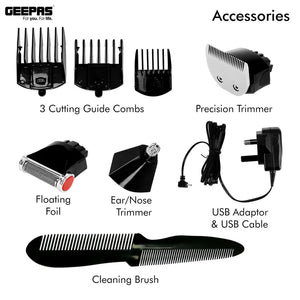 Geepas GTR8128N 7-in-1 Grooming Kit | Precision Hair,  Beard & Body Trimmer with Li-Ion Battery| USB Type-C Fast Charging | Multiple Attachments  | 2-Year Warranty