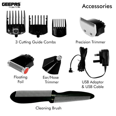 Geepas GTR8128N 7-in-1 Grooming Kit | Precision Hair,  Beard & Body Trimmer with Li-Ion Battery| USB Type-C Fast Charging | Multiple Attachments  | 2-Year Warranty
