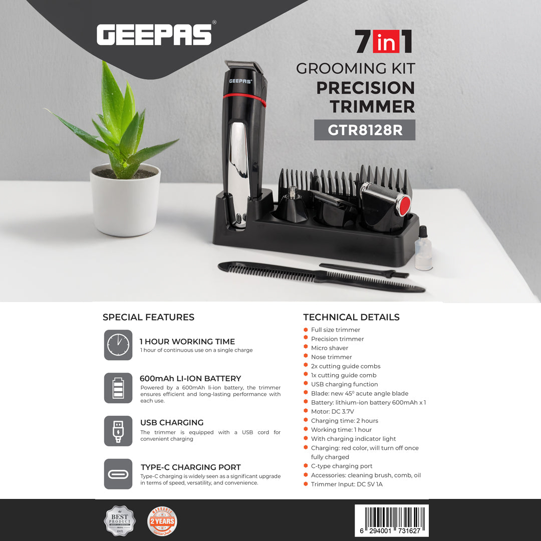 Geepas GTR8128 7-in-1 Grooming Kit with Precision Trimmer | USB & Type-C Charging | 600mAh Li-ion Battery | Multi-Function Beard Hair Trimmer for Men Grooming Use