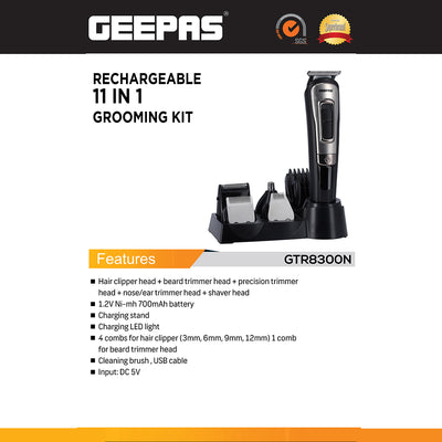Geepas Rechargeable 11-in-1 Grooming Kit GTR8300 | Hair Clipper| Beard Trimmer| Precision Shaver| Nose & Ear Trimmer| USB Charging| LED Indicator| Complete Styling Set