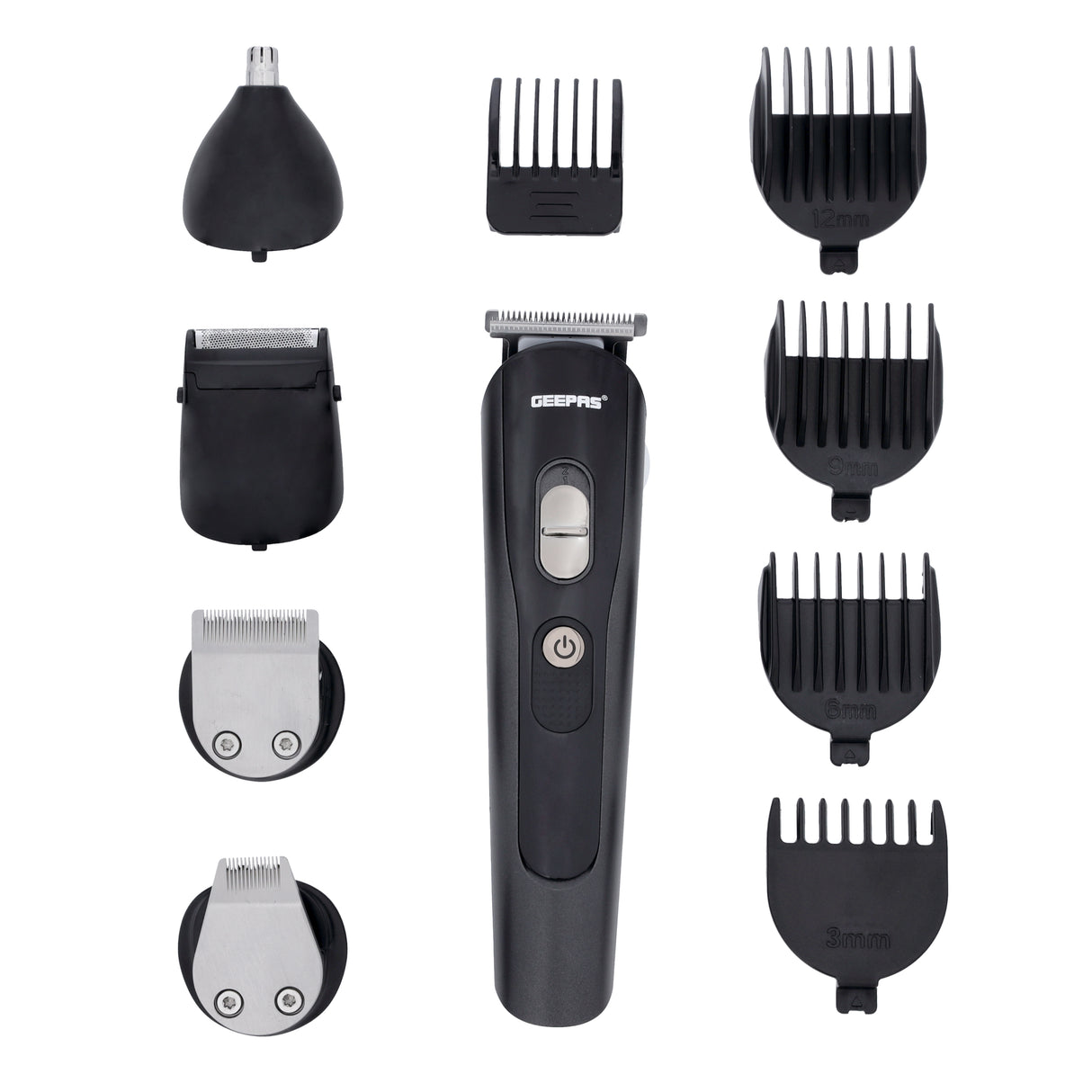 Geepas 11-in-1 Rechargeable Grooming Set- GTR8612N|  5 Interchangeable Heads and 4 Comb Attachments| LED Display with Battery Capacity Indicator| Works 60 Minutes