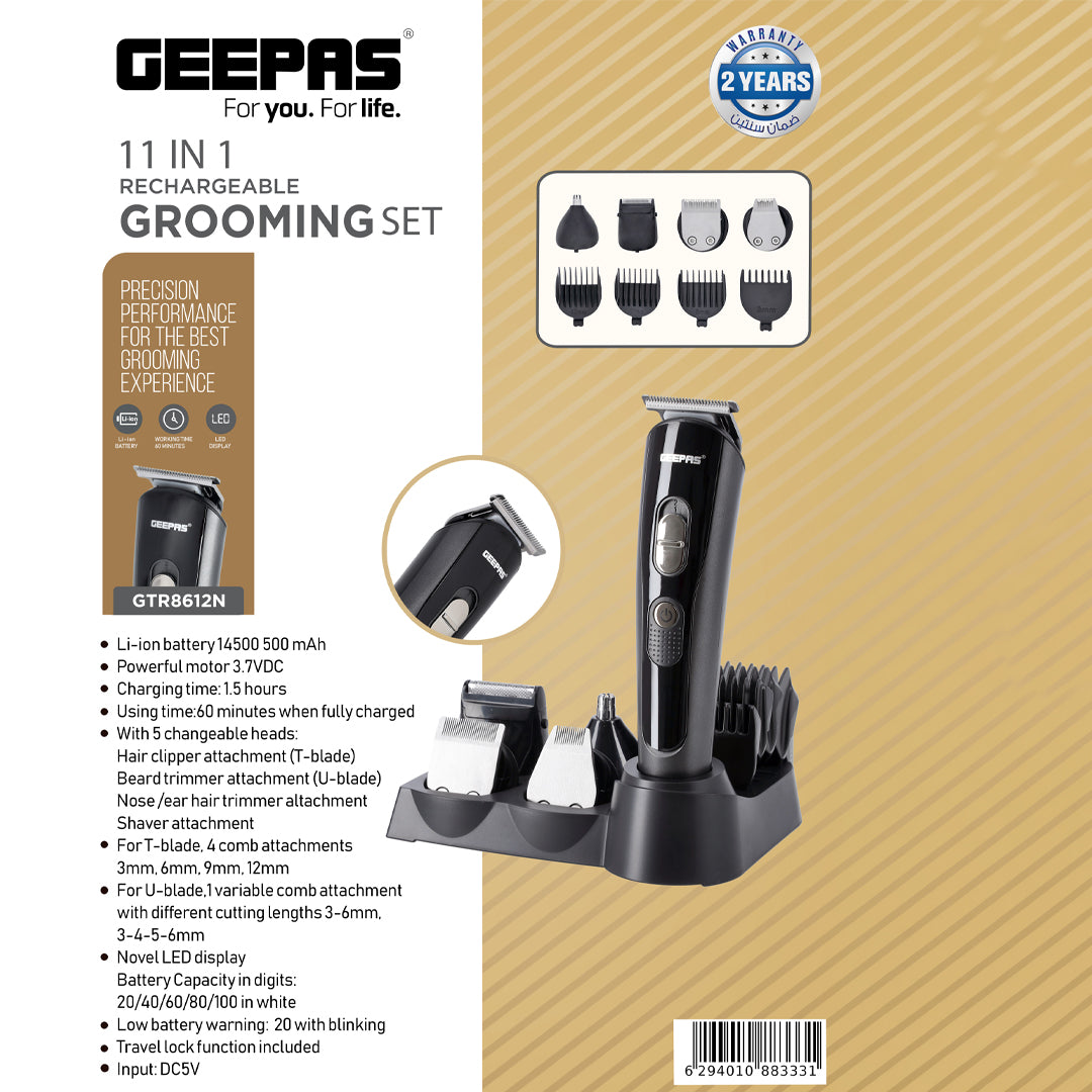 Geepas 11-in-1 Rechargeable Grooming Set- GTR8612N|  5 Interchangeable Heads and 4 Comb Attachments| LED Display with Battery Capacity Indicator| Works 60 Minutes