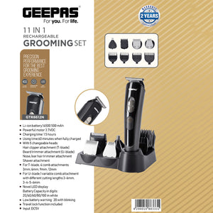 Geepas 11-in-1 Rechargeable Grooming Set- GTR8612N|  5 Interchangeable Heads and 4 Comb Attachments| LED Display with Battery Capacity Indicator| Works 60 Minutes