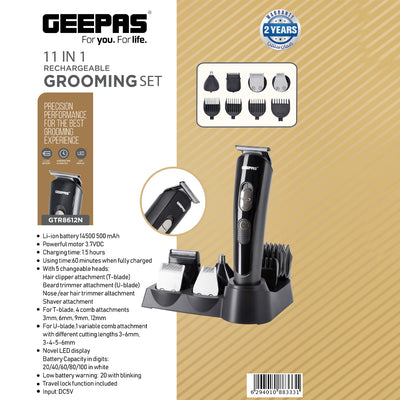 Geepas 11-in-1 Rechargeable Grooming Set- GTR8612N|  5 Interchangeable Heads and 4 Comb Attachments| LED Display with Battery Capacity Indicator| Works 60 Minutes
