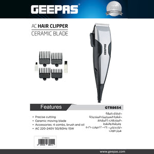 Geepas GTR8654 AC Hair Clipper | Ceramic Blade| Adjustable Cutting Length| Powerful Motor| Low Noise Design| Durable Build| Professional Performance for Salon & Home Use