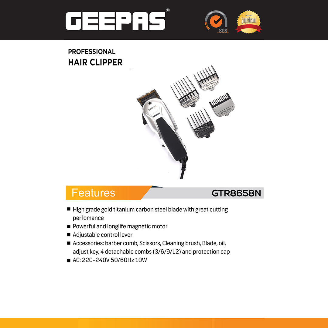 Geepas GTR8658N Professional Hair Clipper | Gold Titanium Carbon Steel Blade | Adjustable Control Lever | Magnetic Motor | 4 Detachable Combs | Barber Accessories