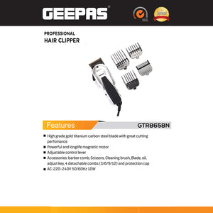 Geepas GTR8658N Professional Hair Clipper | Gold Titanium Carbon Steel Blade | Adjustable Control Lever | Magnetic Motor | 4 Detachable Combs | Barber Accessories