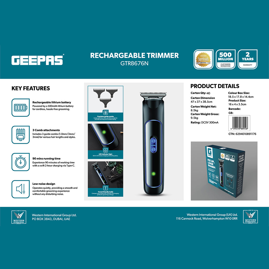 Geepas GTR8676 Rechargeable Beard Trimmer 3W -  Grooming Kit with Comfortable Grip, Stainless Steel Precision Cutting Blade, Cordless Operation, LED Charge Indication