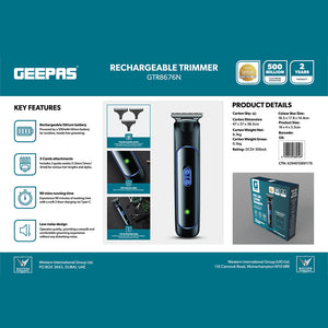 Geepas GTR8676 Rechargeable Beard Trimmer 3W -  Grooming Kit with Comfortable Grip, Stainless Steel Precision Cutting Blade, Cordless Operation, LED Charge Indication
