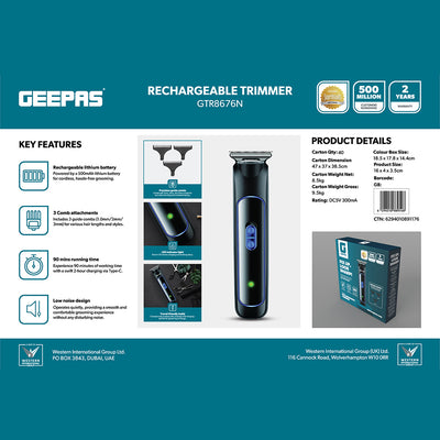 Geepas GTR8676 Rechargeable Beard Trimmer 3W -  Grooming Kit with Comfortable Grip, Stainless Steel Precision Cutting Blade, Cordless Operation, LED Charge Indication