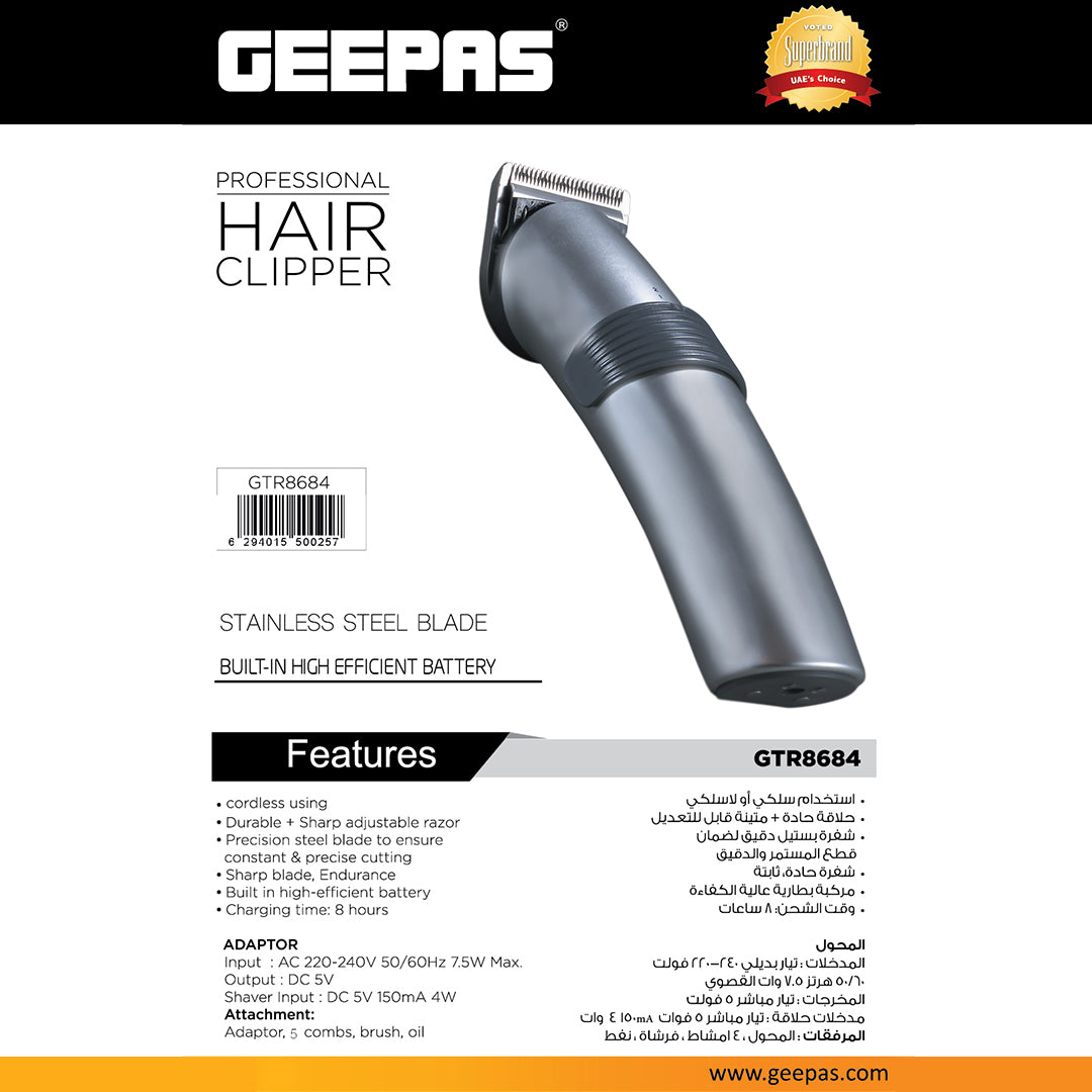 Geepas GTR8684 Professional Hair Clipper | Cordless & Rechargeable Trimmer with Stainless Steel Blade |Adjustable Razor | 5 Combs | Brush, Oil & 8-Hour Charging