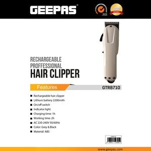 Geepas GTR8710 Rechargeable Professional Hair Clipper | 2200mAh Lithium Battery| 2 Hours Runtime| 1 Hour Fast Charging| Indicator Light| Durable ABS Body & On/Off Switch