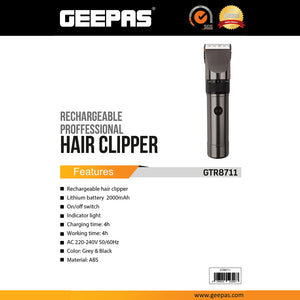 Geepas GTR8711 Rechargeable Professional Hair Clipper | 2000mAh Lithium Battery| 4H Working Time| Fast Charging | Indicator Light| Ergonomic Design | Durable ABS Body