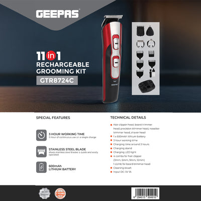 Geepas GTR8724 11-in-1 Rechargeable Grooming Kit | Stainless Steel Blades| 600mAh Lithium Battery| 3-Hour Continuous Runtime| Multiple Attachments| 2-Year Warranty