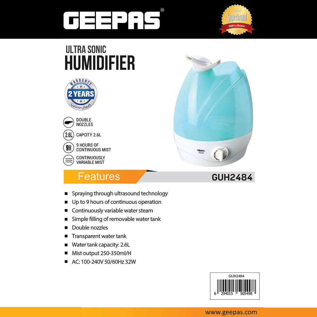 Geepas GUH2484 Ultrasonic Humidifier | 2.6L Transparent Water Tank, Double Nozzles| 9 Hours Continuous Mist| Adjustable Steam Control & Quiet Operation | 2 Years Warranty