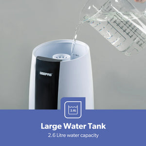Geepas Ultrasonic Humidifier- GUH63072UK/ 2.6 L Water Tank, Touch Panel Control/ Cool Mist Operation, 360° Rotatable Nozzle/ Multiple Functions/ 2 Years Warranty, White