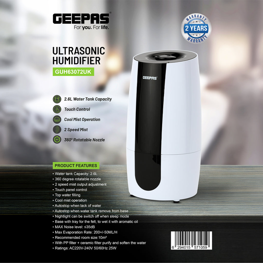 Geepas GUH63072UK Ultrasonic Humidifier | 2.6L Water Tank | Touch Control Panel | Cool Mist Operation | 2-Speed Output | 360° Rotatable Nozzle for Home & Office