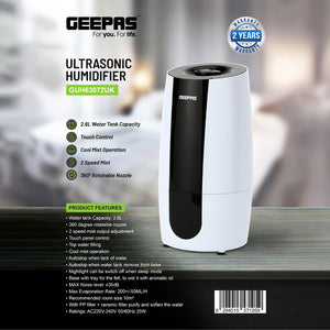 Geepas GUH63072UK Ultrasonic Humidifier | 2.6L Water Tank | Touch Control Panel | Cool Mist Operation | 2-Speed Output | 360° Rotatable Nozzle for Home & Office