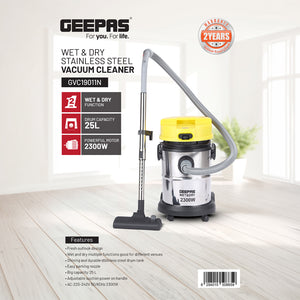 Geepas GVC19011 Wet & Dry Vacuum Cleaner | 2300W | 25L Stainless Steel Drum | Powerful Suction | Durable Body | Perfect for Multi-Surface Home and Commercial Cleaning