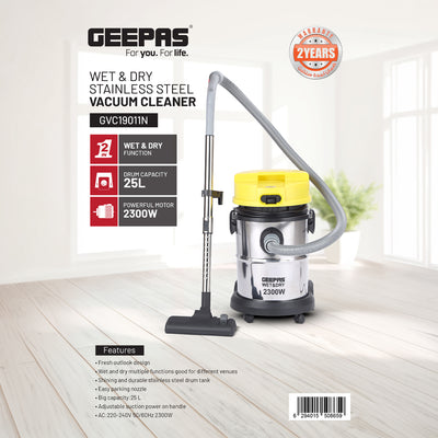 Geepas GVC19011 Wet & Dry Vacuum Cleaner | 2300W | 25L Stainless Steel Drum | Powerful Suction | Durable Body | Perfect for Multi-Surface Home and Commercial Cleaning