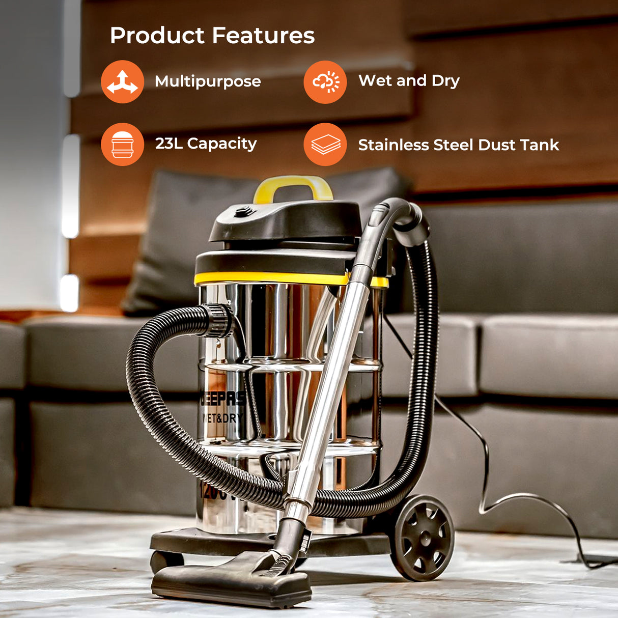 Geepas Wet & Dry S/S Vacuum Cleaner 1200W - GVC19012 - Geepas Vacuum Cleaner, Wet And Dry Vacuum Cleaner, Geepas GVC19012, 1200W Vacuum Cleaner, Stainless Steel Vacuum Cleaner, Geepas Wet Dry Vacuum, Industrial Vacuum Cleaner, Heavy-Duty Vacuum Cleaner, Multi-Purpose Vacuum Cleaner, Wet Dry Floor Cleaner 2 Geepas 23 L Wet and Dry Vacuum Cleaner- GVC19012 | 1200W Stainless Steel Drum Tank |Comfortable Handle, Rolling wheels with Easy Parking Nozzle & Dust Full Indicator