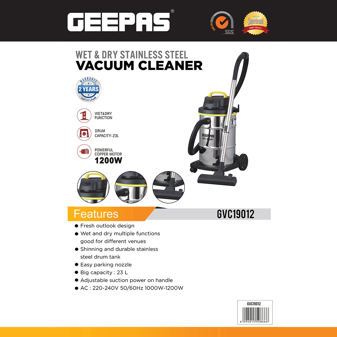 Geepas GVC19012 Wet & Dry Vacuum Cleaner 23L | 1200W Stainless Steel Drum, Powerful Copper Motor & Blow Function | Adjustable Suction Control | Easy Parking Nozzle