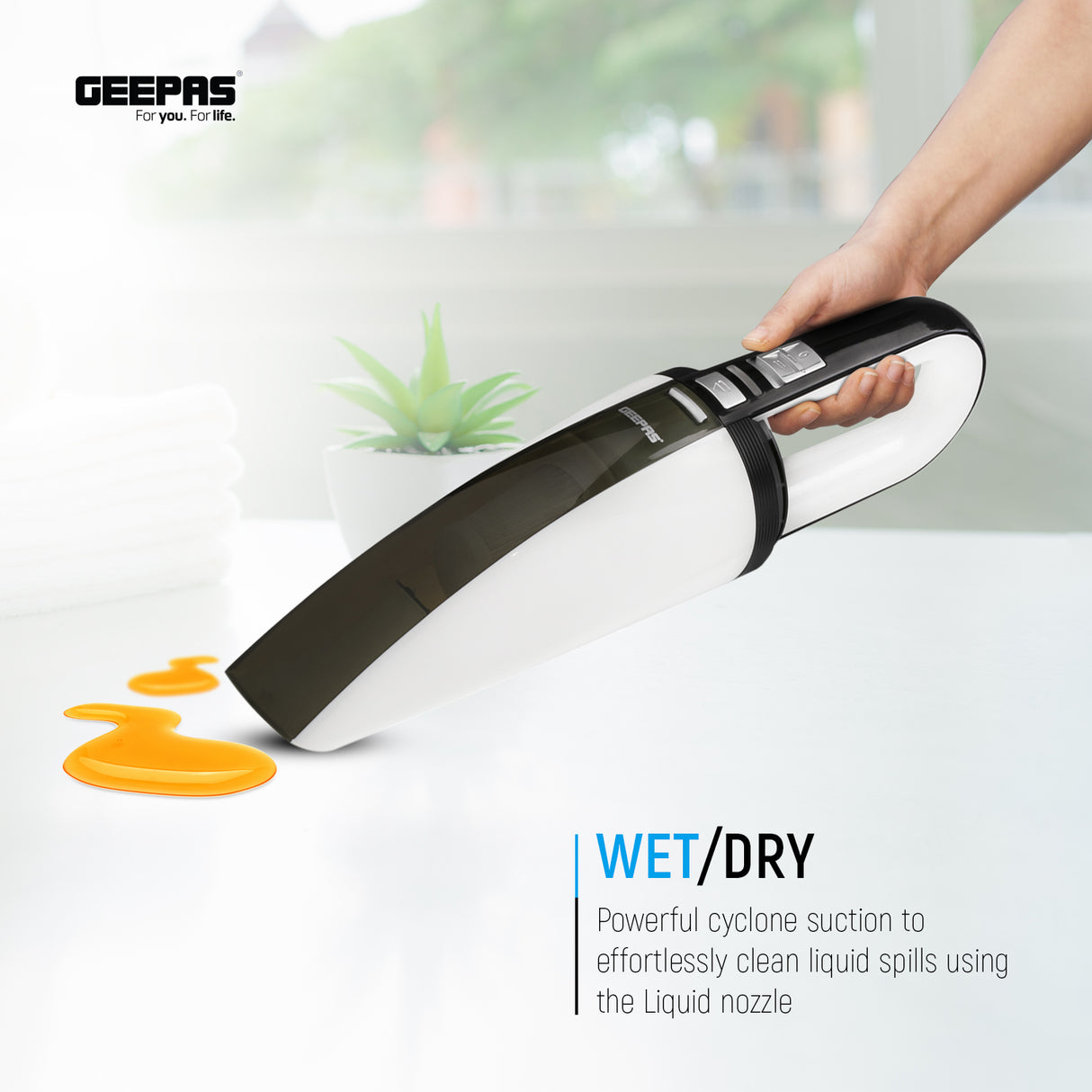 Geepas GVC19015UK Wet & Dry Handheld Vacuum Cleaner | 11.1V 2000mAh Lithium Battery| 3.5KPA Suction Power | Double Layer Cloth Filter | Low Noise | 2 Years Warranty