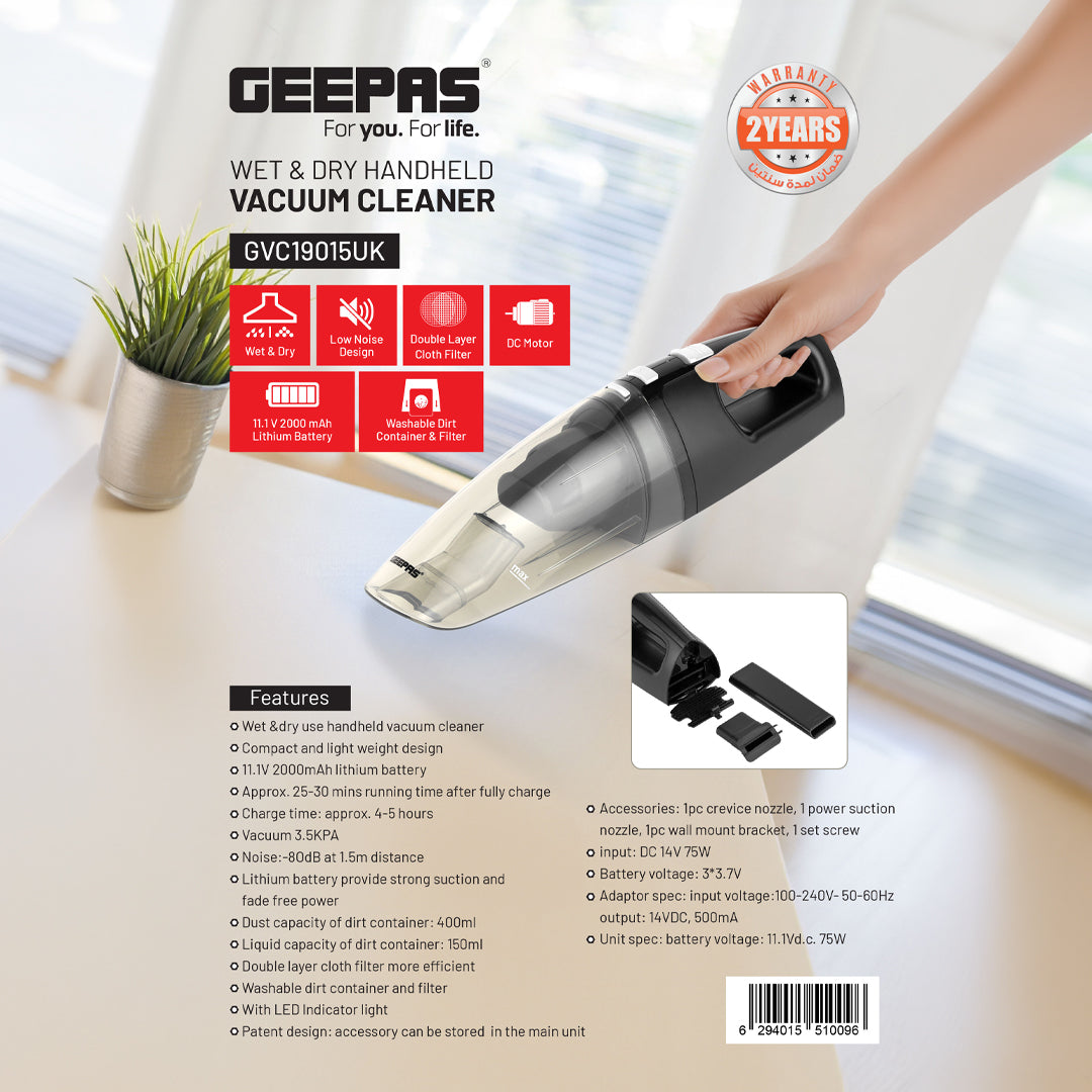 Geepas GVC19015UK Wet & Dry Handheld Vacuum Cleaner | 11.1V Lithium Battery | 3.5kPa Suction | Up to 25–30 minutes cordless runtime | Fast charging | Low-noise operation