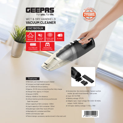 Geepas GVC19015UK Wet & Dry Handheld Vacuum Cleaner | 11.1V Lithium Battery | 3.5kPa Suction | Up to 25–30 minutes cordless runtime | Fast charging | Low-noise operation