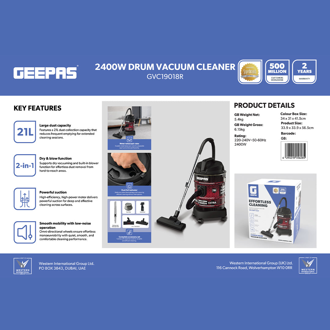 Geepas GVC19018 Drum Vacuum Cleaner | 2300W Powerful Motor | 21L Durable Iron Tank | Dry & Blow Function | High Efficiency | Dust Full Indicator | 2 Years Warranty