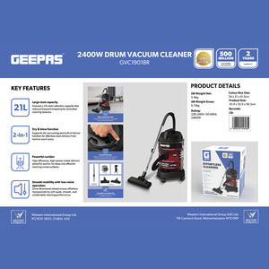 Geepas GVC19018 Drum Vacuum Cleaner | 2300W Powerful Motor | 21L Durable Iron Tank | Dry & Blow Function | High Efficiency | Dust Full Indicator | 2 Years Warranty