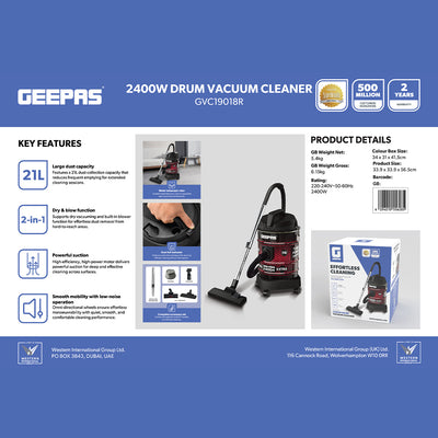 Geepas GVC19018 Drum Vacuum Cleaner | 2300W Powerful Motor | 21L Durable Iron Tank | Dry & Blow Function | High Efficiency | Dust Full Indicator | 2 Years Warranty