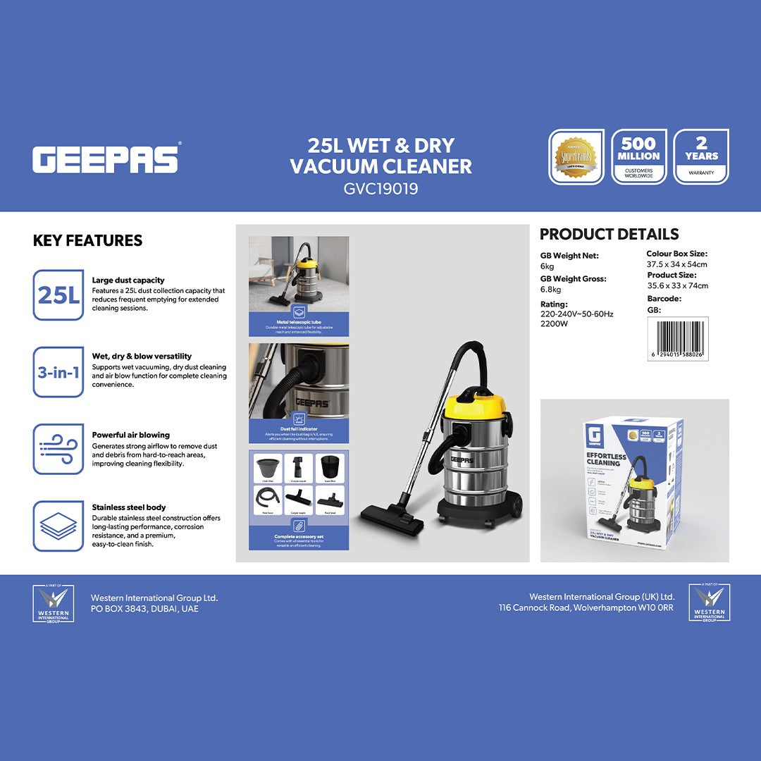 Geepas GVC19019 25L Wet & Dry Vacuum Cleaner | 2200W Powerful Performance  | Durable Stainless Steel Body | Metal Telescopic Tube | Dust-Full Indicator | Easy Mobility