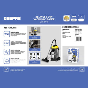 Geepas GVC19019 25L Wet & Dry Vacuum Cleaner | 2200W Powerful Performance  | Durable Stainless Steel Body | Metal Telescopic Tube | Dust-Full Indicator | Easy Mobility