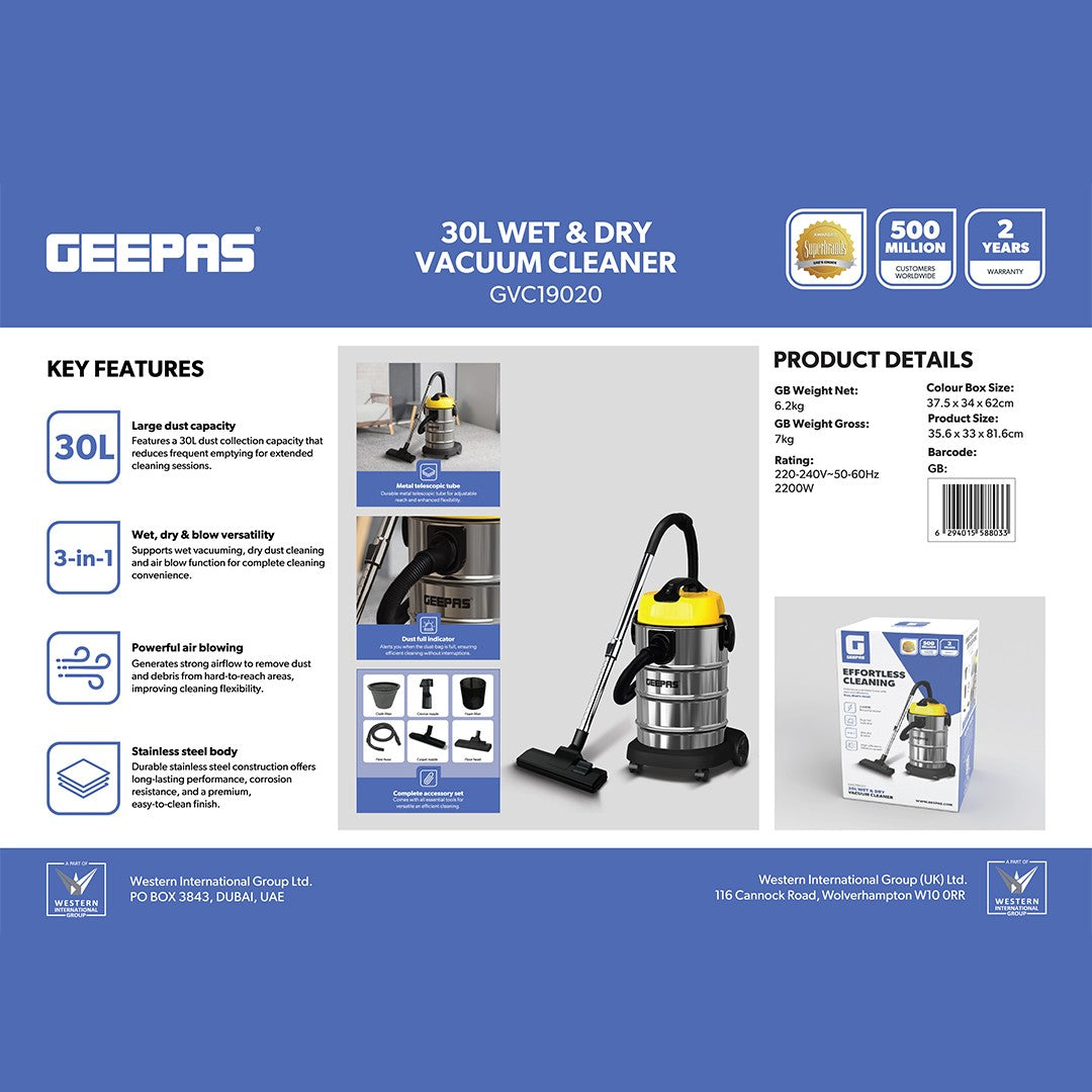 Geepas GVC19020 30L Wet & Dry Vacuum Cleaner | 2200W | 3-in-1 Wet, Dry & Blow Function | Metal Telescopic Tube | Powerful Air Blowing | Durable Stainless-Steel Body