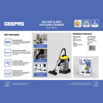 Geepas GVC19020 30L Wet & Dry Vacuum Cleaner | 2200W | 3-in-1 Wet, Dry & Blow Function | Metal Telescopic Tube | Powerful Air Blowing | Durable Stainless-Steel Body