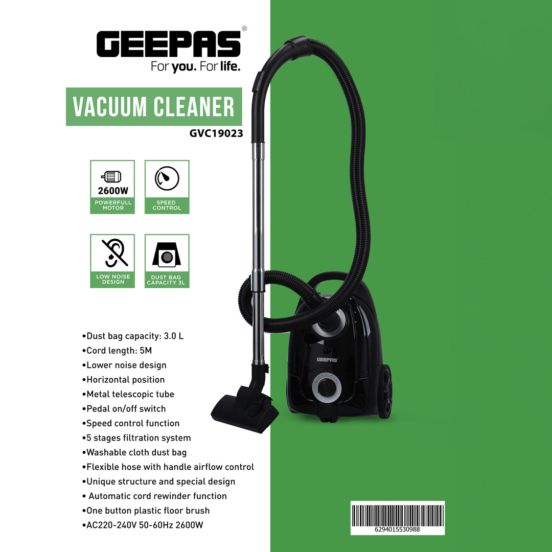Geepas GVC19023 Vacuum Cleaner | 2600W Powerful Motor | 3L Dust Bag | 5-Stage Filtration | Speed Control | Telescopic Tube & Low Noise Design | 2 Years Warranty
