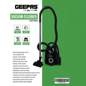 Geepas GVC19023 Vacuum Cleaner | 2600W Powerful Motor | 3L Dust Bag | 5-Stage Filtration | Speed Control | Telescopic Tube & Low Noise Design | 2 Years Warranty