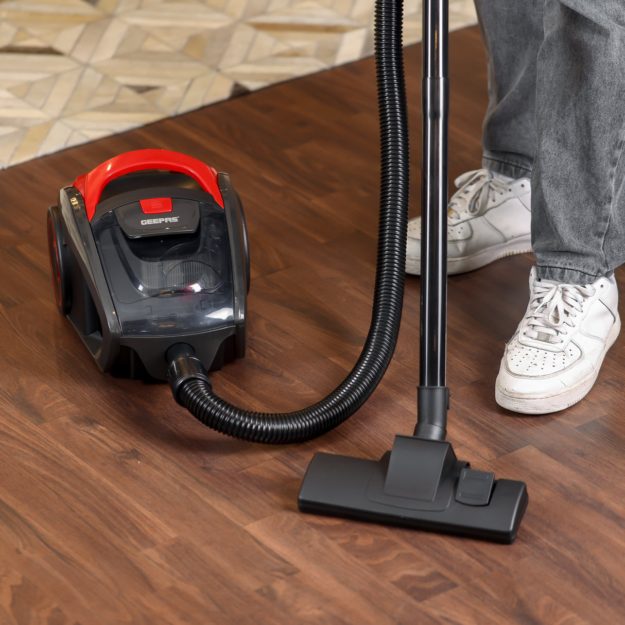Geepas 1400W Cyclonic Vacuum Cleaner GVC19024 | 1.5L Dust Bag | Low Noise | Auto Cord Rewind | Flexible Hose | Floor Brush | Anti-Rust Body | 2Y Warranty