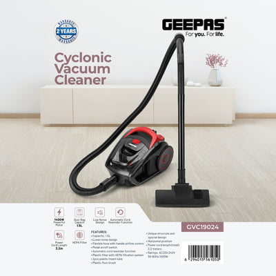 Geepas 1400W Cyclonic Vacuum Cleaner GVC19024 | 1.5L Dust Bag | Low Noise | Auto Cord Rewind | Flexible Hose | Floor Brush | Anti-Rust Body | 2Y Warranty