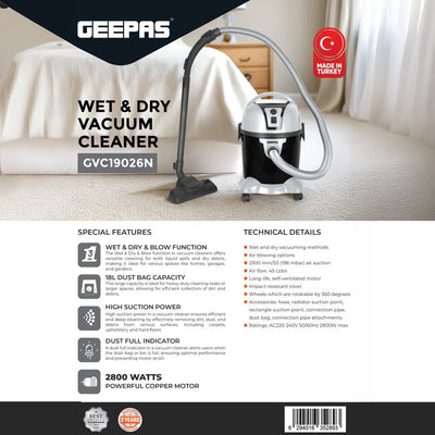 Geepas GVC19026 Wet & Dry Vacuum Cleaner | 2800W Powerful Copper Motor| 18L Dust Bag Capacity| 3-in-1 Wet| Dry & Blow Function| High Suction Power| 2 Years Warranty