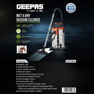 Geepas GVC19032 Wet & Dry Vacuum Cleaner | 1400W Copper Motor | 30L Capacity | Wet/Dry/Blow 3-in-1 Function | Hose Storage & Universal Wheels | 2 Years Warranty