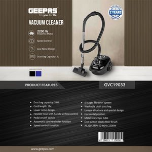 Geepas GVC19033 Vacuum Cleaner | 2200W Powerful Motor | 3L Dust Bag | 5-Stage Filtration | Speed Control | Low Noise Design | Automatic Cord Rewinder| 2 Years Warranty